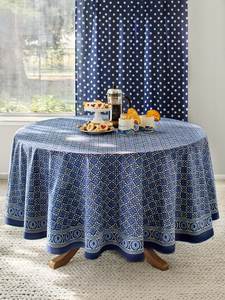 Round Blue Floral Printed Handmade Eco-Friendly Cotton Linen Washable Vintage <b>Party</b> Use Home Decor <b>Tablecloth</b> - Product Image 1