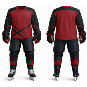 Uniforme de hockey sur glace sur mesure très demandé, rouge avec design contrasté asymétrique noir, vêtements de sport pour le hockey sur glace unisexe - Product Image 3