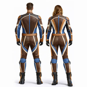 Traje de Cuero para Motociclismo de una Pieza, Estilo Vintage Marrón y Azul, con Protección CE, Estilo Retro, para Hombre y Mujer, Venta al Por Mayor - Product Image 2