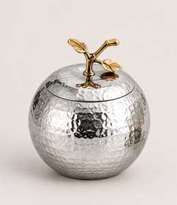 Recipiente de Almacenamiento Ecológico de Metal Martillado, Personalizado, con Tapa Plateada Decorativa y Asa de Hoja de Oro, Contenedor de Lujo para Frutos Secos y Dulces - Product Image 3