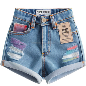 Short en jean taille moyenne pour filles, tissu denim en coton vieilli respirant avec déchirure effilochée, pantalon court en jean d'été décontracté - Product Image 1