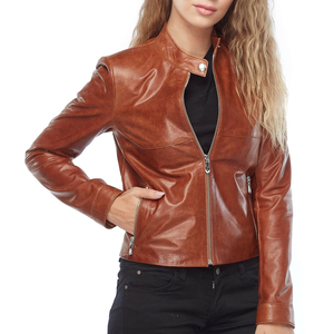 Chaqueta de Cuero Genuino para Mujer, Color Cognac, Corte Ajustado, Estilo Motociclista, Logotipo Personalizado, OEM, Ropa Exterior Informal, RAO CRAFT - Product Image 2