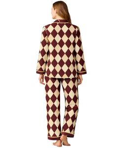 Ensemble de pyjama pour femmes personnalisé en beige bordeaux à motif argyle, manches longues, boutonné, vêtements de nuit en coton doux, ensemble de détente deux pièces - Product Image 2