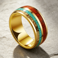 Bague en carbure de tungstène avec incrustation de bois de fût de whisky, turquoise et bois de cerf, bord poli, pour mariage, fiançailles et promesse