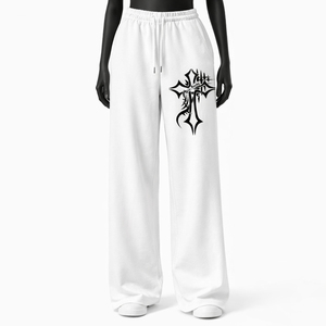 Pantalones Deportivos Blancos de Algodón para Hombre, Cintura Elástica con Cordón, Pantalones de Punto de Peso Medio Casuales con Logotipo de Cruz Negra en la Pierna Derecha - Product Image 1