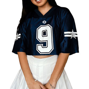 Camiseta Deportiva Corta Azul de Fútbol Americano para Mujer con Estrella de Diamantes de Imitación en la Manga, Estilo Oversize, Malla Transpirable, Top Deportivo, Servicio OEM de Impresión Personalizada - Product Image 1