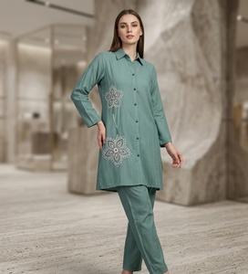 Ensemble chemise et pantalon pour femme en coton et lin mélangé, violet, coupe classique, longueur au sol, style décontracté, style Inde Pakistan, 2 pièces - Product Image 2
