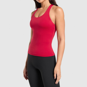 Débardeur rouge pour femme, col rond, couleur unie, tricoté en spandex et polyester, respirant, vêtement de sport, sans manches, longueur normale - Product Image 2