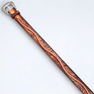 Vintage Western <b>Tooled</b> <b>Leather</b> Belt With Paisley Pattern Silver Buckle Casual Cowhide Belt Durable Hand Painted Design - Product Image 4