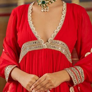 Heavy Georgette Gown Pant Dupatta Set With Real Mirror Lace Full <b>Stitched</b> Party Wear - Product Image 6