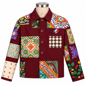Chaqueta de trabajo color granate con mosaico, estampado floral decorativo, abotonada, informal, de manga larga, estilo urbano, moda, venta al por mayor - Product Image 1
