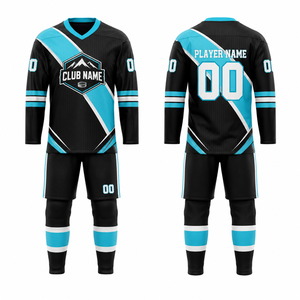 Camiseta de Hockey Personalizada Negra, Azul y Blanca con Impresión por Transferencia de Calor, Nombre y Número del Jugador, Ropa Deportiva para Todas las Temporadas - Product Image 1