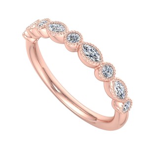 Anillo Vintage con Diamantes Cultivados en Laboratorio, Corte Marquesa y Redondo, con Banda Milgrain, Oro de 14K/18K, Anillo Apilable para Boda o Aniversario - Product Image 2