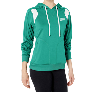 Sweat-shirt vert à capuche pour femme avec empiècements blancs aux épaules et logo frontal, coupe classique, idéal pour l'automne, en polyester tricoté respirant - Product Image 1