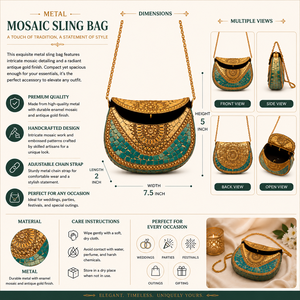 Bolso de mano artesanal de metal con mosaico de piedra |   Bolso bandolera étnico decorativo con correa de cadena |   Bolso de mano de noche hecho a mano por diseñador para mujer - Product Image 5