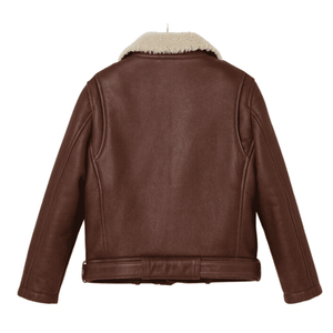 <b>Men's</b> Brown <b>Shearling</b> Leather Long Winter <b>Jacket</b> with Fur Collar Warm Lining and Classic Button Customized Design - Product Image 4