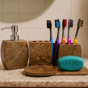 Luxury Brown Marble Vanity Organizer Bathroom <b>Set</b> with <b>Soap</b> Dispenser and Toothbrush Cup For Daily Use - Product Image 1