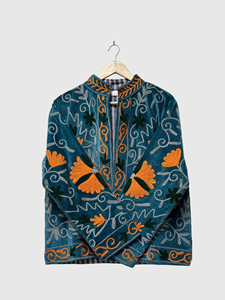 Chaqueta de Terciopelo con Bordado Floral, Cuello Mandarín, Manga Larga, Talla Grande, Estilo Cuadrado para Mujer, Ropa de Otoño - Product Image 2