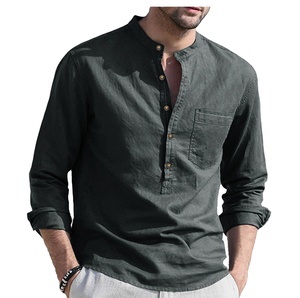Chemise d'été 2026 pour homme à manches longues, col montant, écologique, séchage rapide, 100 % lin/coton, style hippie, boutonnée, pour la plage - Product Image 1