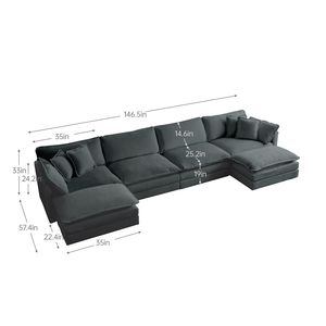 Divano Sezionale a U Grande Reversibile con Chaise Longue, Comodo, con Doppi Pouf Extra, in Ciniglia Grigia, Modulare per Soggiorno - Product Image 3