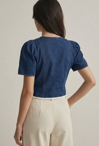 Blusa de Mezclilla para Mujer, Cuello en V, Manga Corta, Botones al Frente, Color Sólido, Estilo Casual, Corte Regular, Tela Twill - Product Image 6