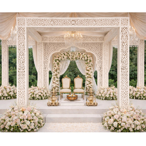Mandap de mariage moderne de style arabe, blanc, découpé au laser, avec piliers sculptés Jali élégants, en métal pour extérieur, au Royaume-Uni - Product Image 1