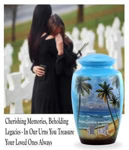 Urna Paradise Beach para Adultos, Urnas con Palmeras y Vista al Océano, Urnas Funerarias y Conmemorativas Azules para Cenizas Humanas - Product Image 3