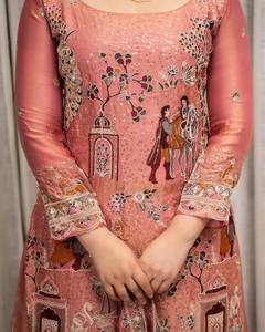 Traje de Fiesta Largo de Gasa Rosa Bordado con Flores y Borlas para Mujer, Estilo Salwar Kameez Indio Pakistaní - Product Image 6