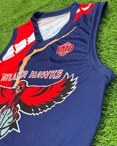 Ensemble de maillots de basketball personnalisés de qualité supérieure, unisexe, sans manches, col en V, taille élastique sur le devant, uniforme sublimé rouge et bleu, respirant - Product Image 3