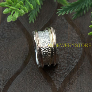 Handmade Textured Wide Band Spinner Ring925 Sterling Silver Brass Copper Designer <b>Statement</b> <b>Ring</b> Artisan Jewelry for Unisex Him - Product Image 5