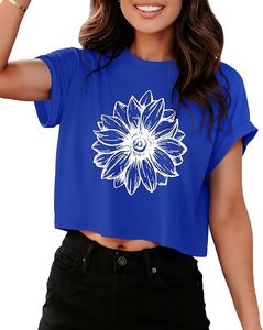 Chemisier court à imprimé floral bleu pour femme, manches courtes, col rond, coupe décontractée ample, 100 % coton, printemps-été - Product Image 5