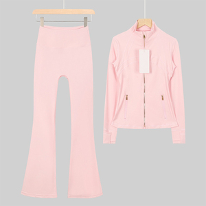 Ensemble de survêtement rose pour femmes, veste à fermeture éclair à manches longues avec poches latérales, pantalon évasé, style sportif décontracté pour le printemps - Product Image 1