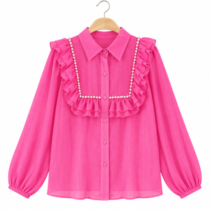 Wholesale Ladies <b>Long</b> Sleeve <b>Blouse</b> Pearl Trim Ruffle Bib Point Collar Button Front Elegant Office Workwear Shirt Factory Direct - Product Image 6