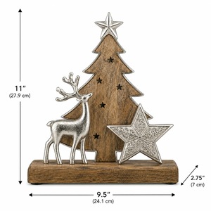 Sculpture de sapin de Noël rustique en bois avec décor de rennes et d'étoiles argentés pour une présentation sur table - Product Image 3