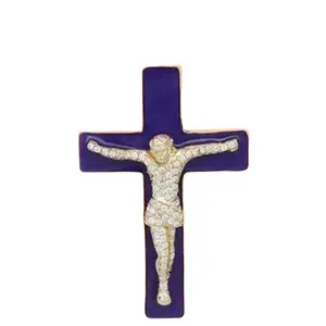 14k Yellow Solid Gold Mens Diamond Crucified Jesus Cross Pendant Plated in Blue Enamel 1.00 Ctw