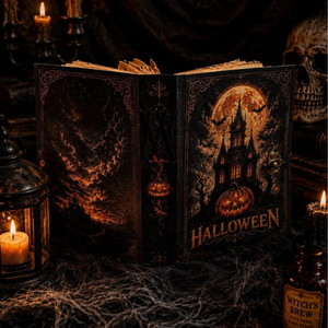 Journal en cuir vintage d'Halloween avec serrure, Grimoire de la maison hantée, Papier antique à bords festonnés, Livre des ombres gothique à thème citrouille - Product Image 4