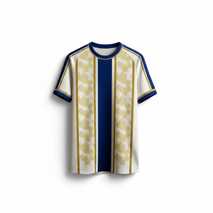 Camiseta de Fútbol Personalizada para Hombre, Rayas Doradas, Blancas y Azules, Cuello Redondo, Manga Corta, 100% Poliéster, Transpirable, Impresión Sublimada, Talla Adulto - Product Image 1