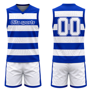 Ensemble Maillot et Short de Volleyball Rayé Bleu et Blanc Sans Manches, Tenue de Sport Athlétique Sublimée pour Entraînement et Match d'Équipe - Product Image 1