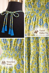 Green Floral Hand Block Print Panel Dress V Neck Sleeveless Neck Tussle Women Summer Wear Handmade Masterpiece Cotton Gown - Product Image 6