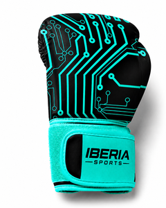 Gants de boxe IBERIA Premium noirs avec accent cyan en cuir PU, gants d'entraînement, logo personnalisé, équipement sportif en gros OEM - Product Image 2
