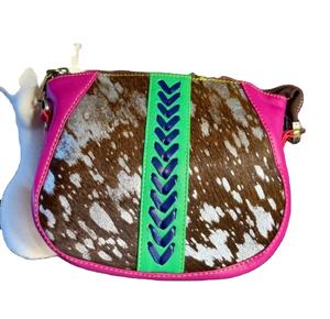 Handmade Brown Printed Bohemian Cowhide Women's Recycled Genuine <b>Leather</b> Square Zipper Closure 1-1.9L <b>Bag</b> for <b>Travel</b> Made India - Product Image 1