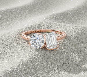 Toi et Moi ทรงกลมและมรกตตัดแหวนเพชรที่ปลูกในห้องปฏิบัติการ - Product Image 2