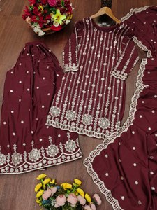 Listo para comprar: Conjunto de Kurti, pantalón y dupatta de estilo afgano con bordado pesado y lentejuelas en colores brillantes, largo hasta la rodilla, para mujer. - Product Image 6