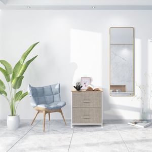 Comodino con 2 cassetti, struttura in acciaio robusta, piano in legno, contenitori in tessuto facili da aprire, organizer per camera da letto, unità contenitore - Product Image 6