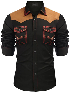 Men's Black Western <b>Shirt</b> With Brown <b>Suede</b> Yoke And Red Embroidered Pockets Full Sleeve Casual <b>Shirt</b> Autumn Wear - Product Image 1
