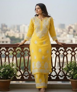 ชุดคุร์ตีปักลายผ้าฝ้ายสุดฮิต พร้อมกางเกงปาลาซโซ สวมใส่สบาย ราคาขายส่ง เสื้อผ้าชาติพันธุ์ สีเหลือง - Product Image 1