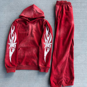 Ensemble sweat à capuche zippé court et pantalon de survêtement coupe droite pour homme, hiver, uni, lavande, décontracté, délavage vintage, 100% coton molletonné - Product Image 2