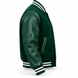 Veste universitaire verte pour homme, manches en cuir PU, décontractée, col rabattu, coupe classique, simple boutonnage, couleur unie, pour l'automne - Product Image 2