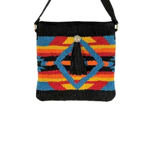 Bolso de mano de estilo bohemio de algodón/acrílico de calidad superior, diseño del Suroeste, manta de sillín, borla, parte superior geométrica con cremallera - Product Image 1