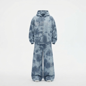 Men Light Blue Gray <b>Tie</b> <b>Dye</b> Hoodie Pants <b>Set</b> Zip Up Hooded Sweatshirt Wide Leg Pants Two Piece Tracksuit - Product Image 3